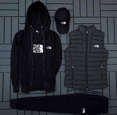 Мужской спортивный костюм The North Face черный Комплект ТНФ Жилетка Футболка Кепка Hot-30 фото