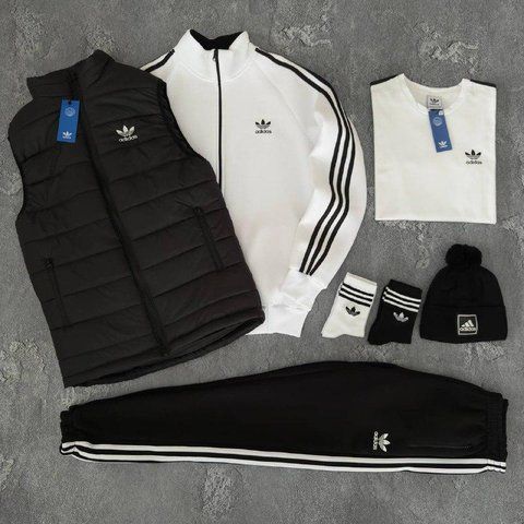 Мужской зимний спортивный костюм Adidas белый Набор Адидас Костюм Жилет Шапка Футболка без капюшона Хар-691 фото