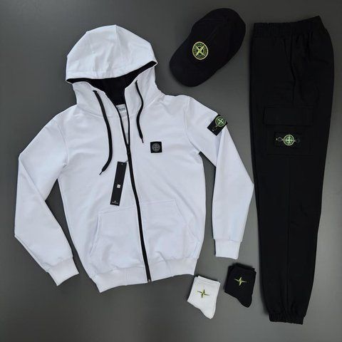 Мужской спортивный костюм Stone Island с капюшоном на молнии белый Комплект Стон Айленд Толстовка Штаны Кепка Хар-532 фото