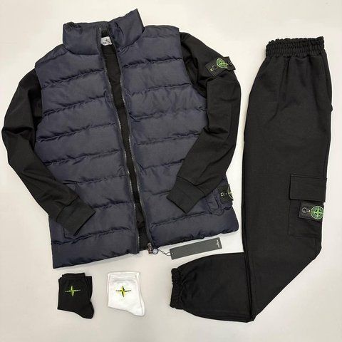 Мужской спортивный костюм Stone Islandм без капюшона черный с синим Комплект Стон Айленд Жилетка Свитшот Штаны Хар-123 фото