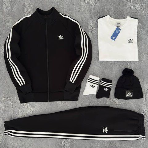 Мужской зимний спортивный костюм Adidas черный Набор Адидас 5в1 Кофта Штаны Футболка Шапка Хар-249 фото