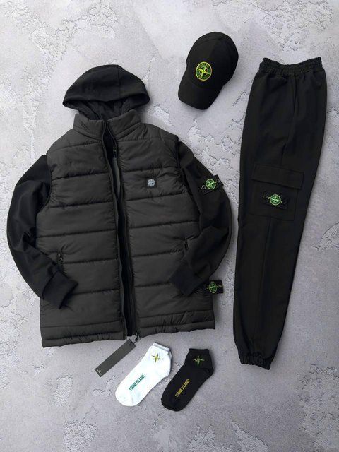 Мужской костюм Stone Island с патчем черный Комплект Стон Айленд Жилетка Кепка Хар-562 фото