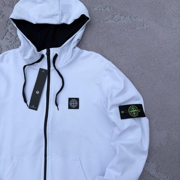 Чоловіча кофта Stone Island білий Зіп худі Стон Айленд на блискавці з патчем Хар-753 фото