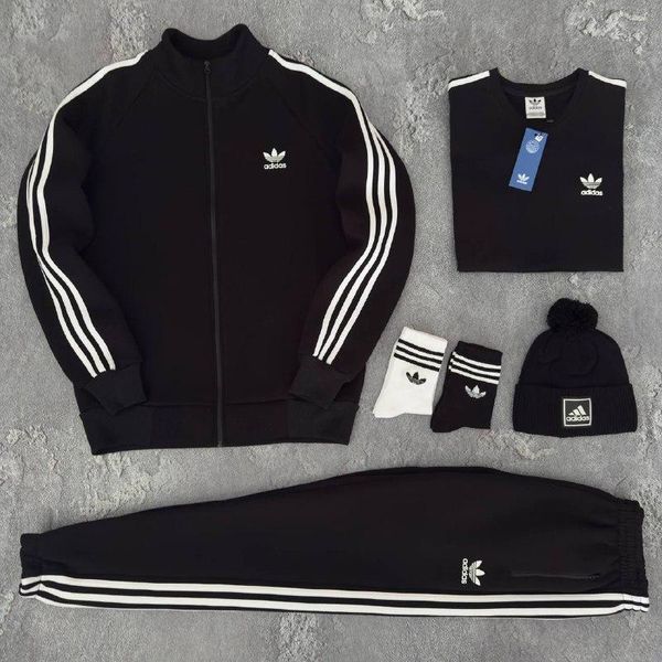 Мужской зимний спортивный костюм Adidas черный Набор Адидас 5в1 Кофта Штаны Футболка Шапка Хар-249 фото