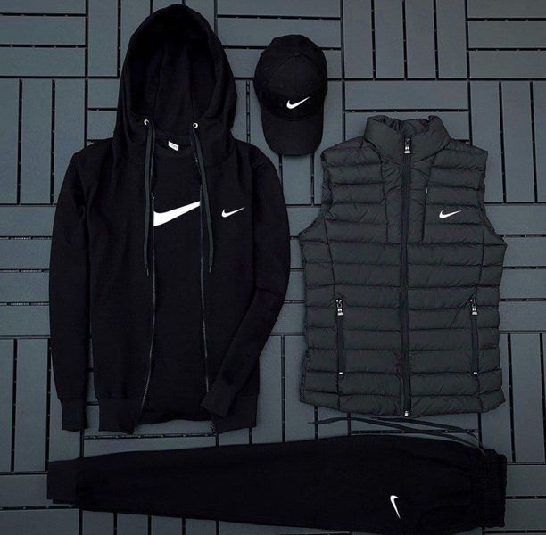 Мужской спортивный костюм Nike 5в1 черный Комплект Найк Свитшот Штаны Футболка Кепка Жилетка OW-94 фото