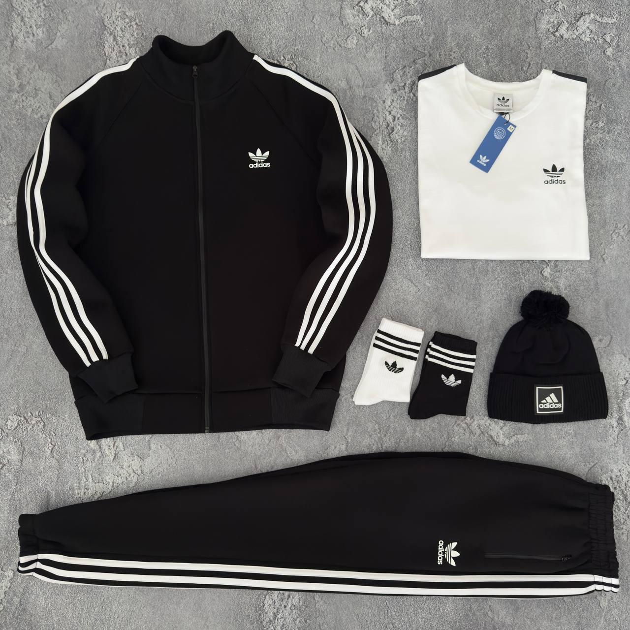 Мужской зимний спортивный костюм Adidas черный Набор Адидас 5в1 Кофта Штаны Футболка Шапка