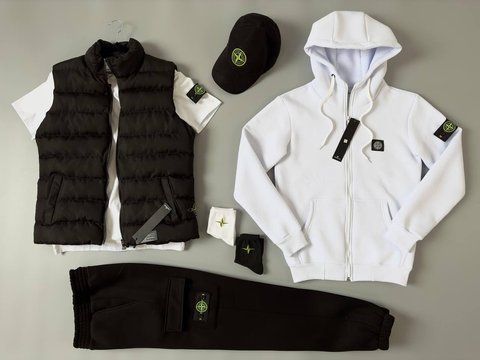 Мужской зимний спортивный костюм Stone Island 5в1 белый Комплект Стон Айленд Жилетка Футболка Кепка Хар-253 фото