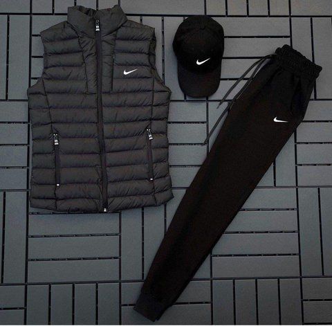 Мужской спортивный костюм Nike 3в1 черный Комплект Найк Жилетка Штаны Кепка Мой-62 фото