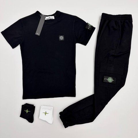 Мужской летний костюм Stone Island Футболка Штаны черный с патчем Стон Айленд Хар-213 фото