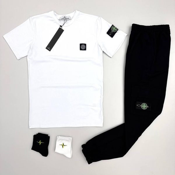 Мужской летний костюм Stone Island Футболка Штаны черный с патчем Стон Айленд Хар-213 фото