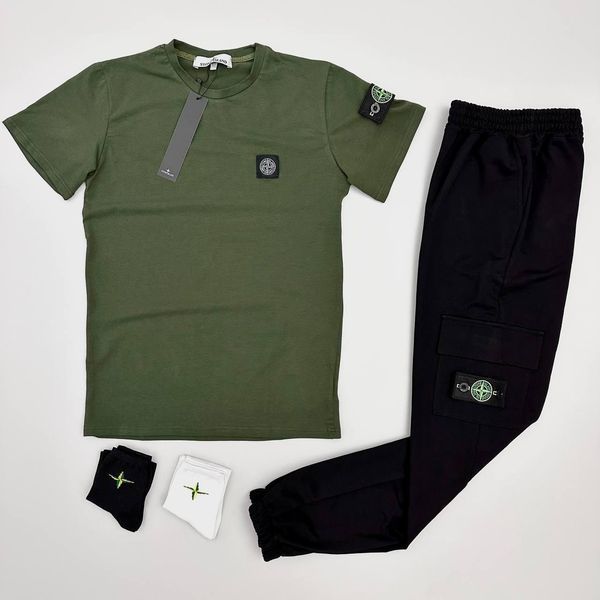 Мужской летний костюм Stone Island Футболка Штаны черный с патчем Стон Айленд Хар-213 фото