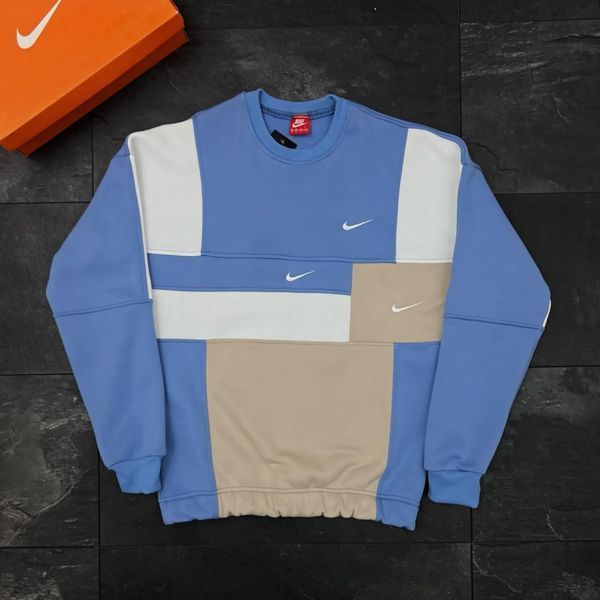 Мужской зимний свитшот Nike на флисе трицветный голубой Кофта Найк без капюшона Will-54 фото