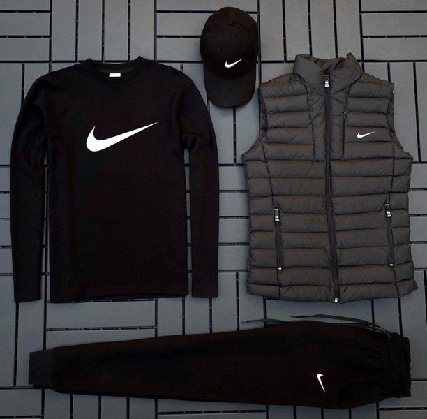 Чоловічий спортивний костюм Nike 3в1 чорний Комплект Найк Жилетка Штани Кепка Мой-62 фото