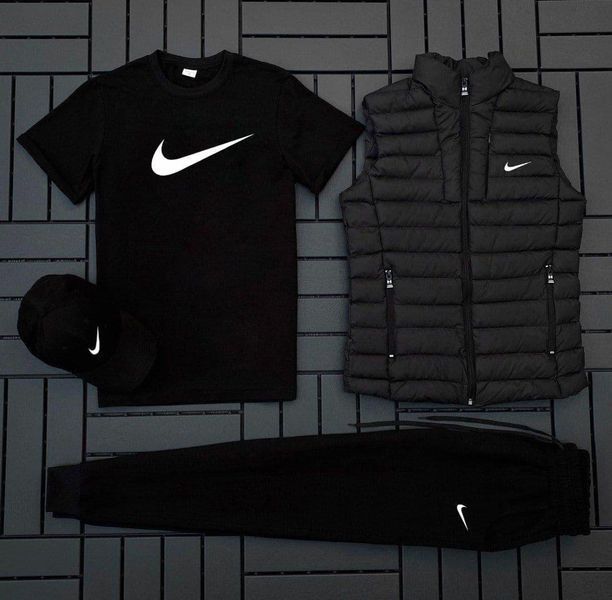 Чоловічий спортивний костюм Nike 3в1 чорний Комплект Найк Жилетка Штани Кепка Мой-62 фото