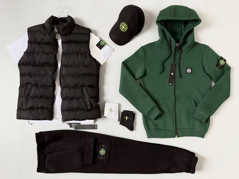 Мужской зимний спортивный костюм Stone Island 5в1 белый Комплект Стон Айленд Жилетка Футболка Кепка Хар-253 фото