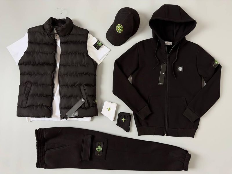 Мужской зимний спортивный костюм Stone Island 5в1 белый Комплект Стон Айленд Жилетка Футболка Кепка Хар-253 фото