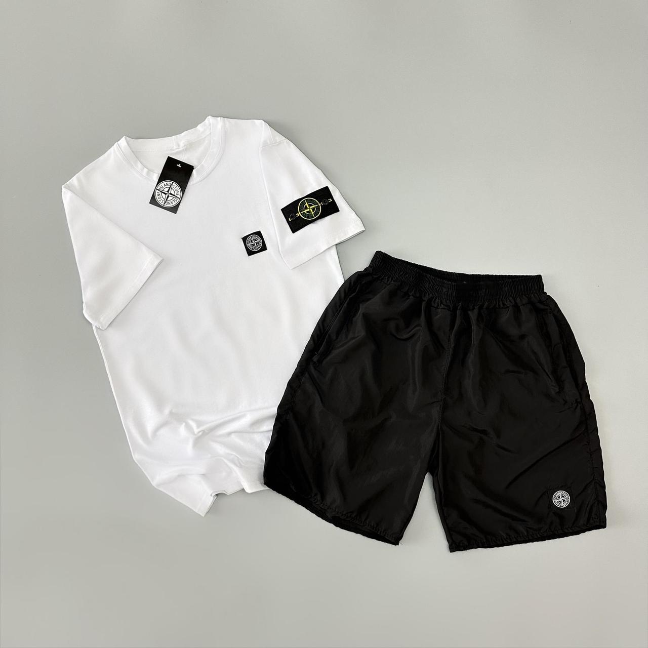 Мужской летний костюм Stone Island Футболка Шорты белый с патчем Стон Айленд