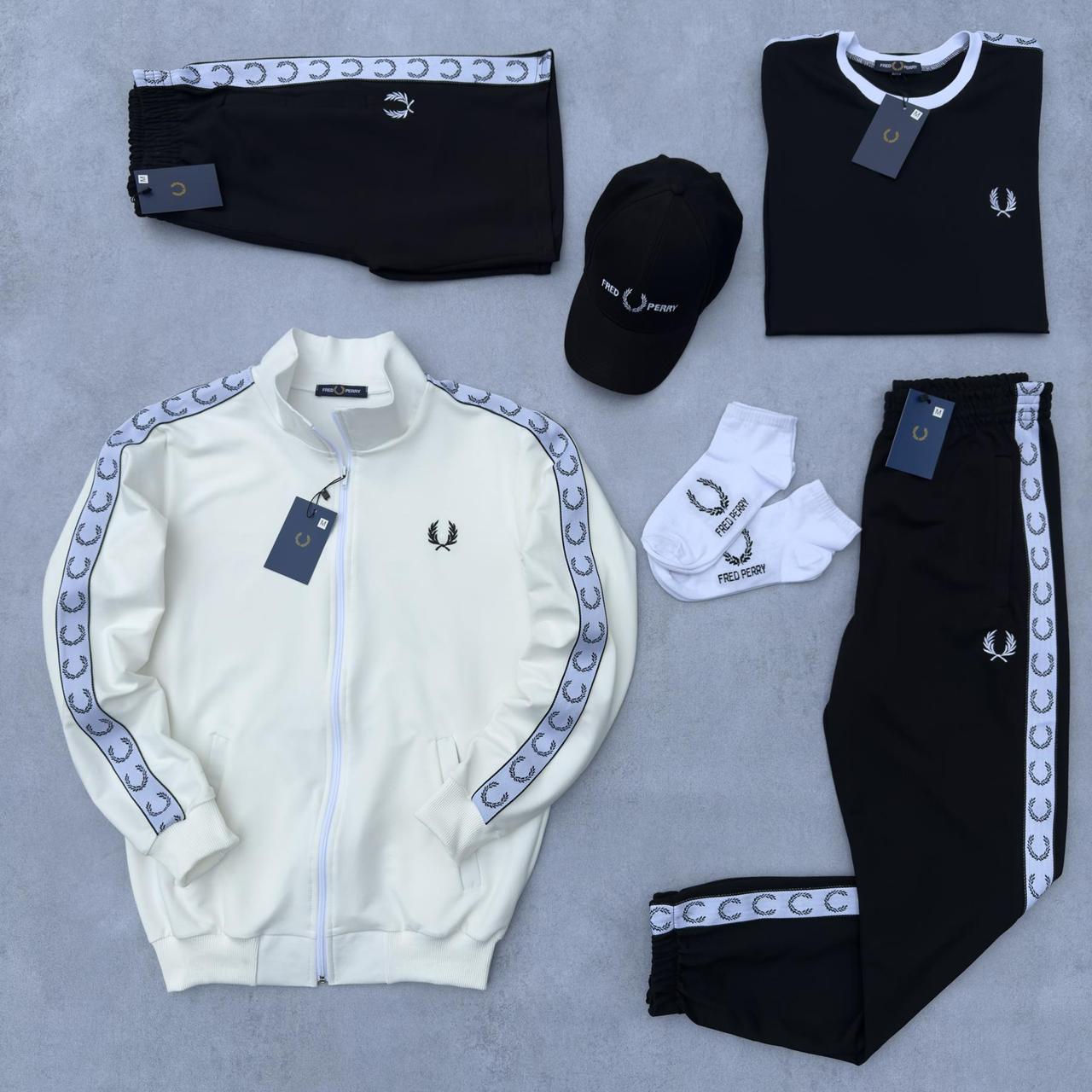 Мужской набор Fred Perry 6в1 молочный с черным Набор Фред Перри Кофта Штаны Шорты Футболка Кепка