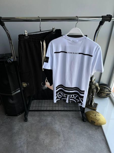Мужской летний костюм Футболка Шорты Stone Island черно-белый с патчем Стон Айленд Моло-67-14 фото