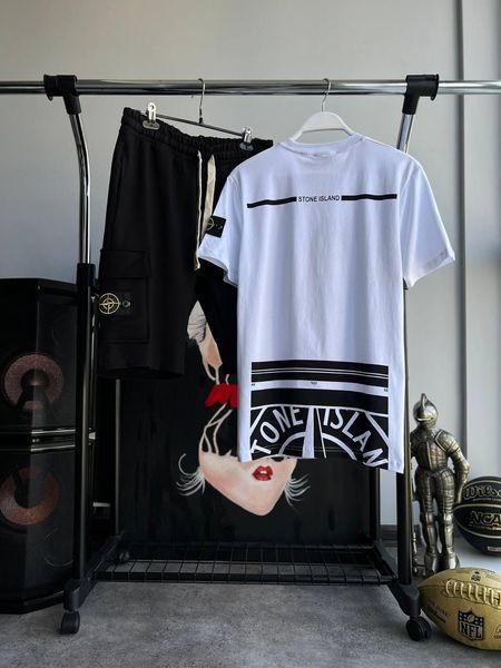 Мужской летний костюм Футболка Шорты Stone Island черно-белый с патчем Стон Айленд Моло-67-14 фото