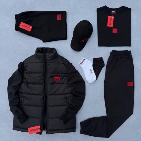 Мужской спортивный костюм Hugo Boss 8в1 черный Комплект Хьюго Босс Костюм Жилетка Футболка Шорты Кепка Хар-635 фото