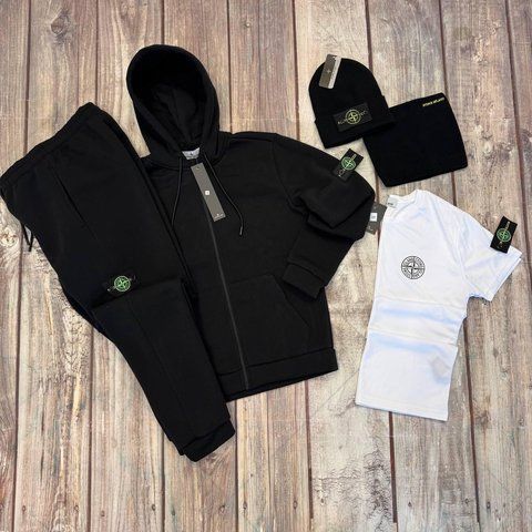 Мужской зимний спортивный костюм Stone Island черный Комплект Стон Айленд Костюм Футболка Шапка Бафф Sta-25 фото