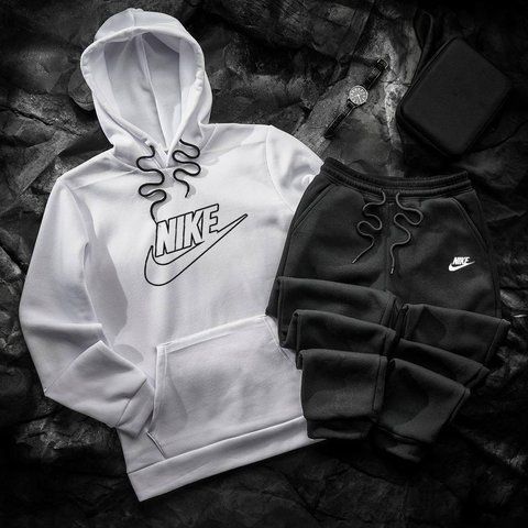 Мужской зимний спортивный костюм Nike бело-черный Комплект Найк Худи Штаны Hot-15 фото