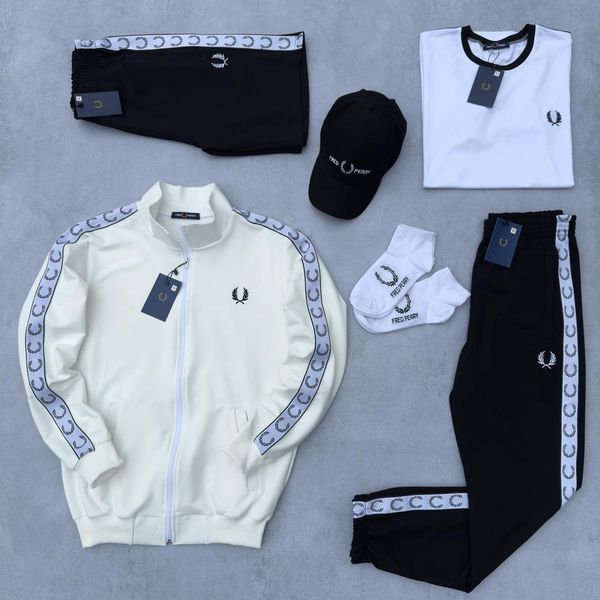 Чоловічий набір Fred Perry 6в1 молочний з чорним Комплект Фред Перрі Кофта Штани Шорти Футболка Кепка Хар-622 фото