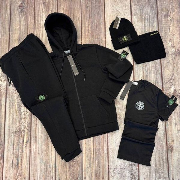 Чоловічий зимовий спортивний костюм чорний Stone Island Комплект Стон Айленд Костюм Футболка Шапка Бафф Sta-25 фото