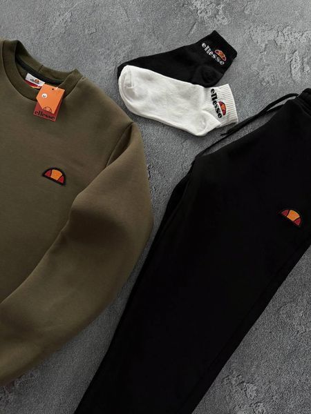 Мужской зимний спортивный костюм Ellesse без капюшона хаки с черным Комплект Элис Свитшот Штаны Хар-309 фото