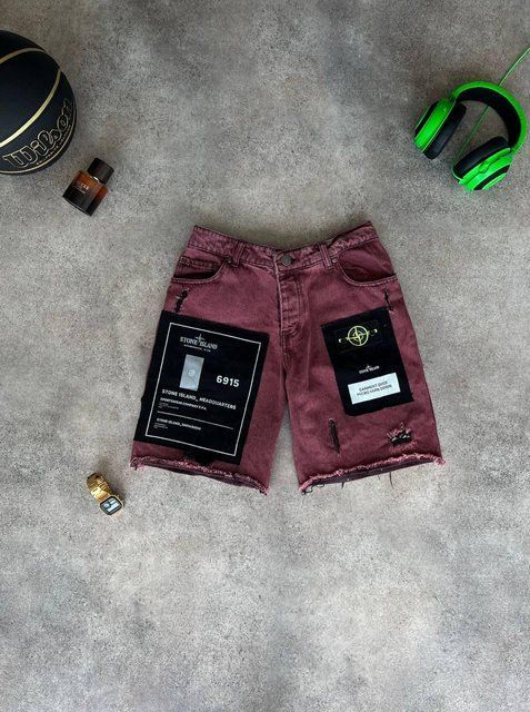Мужские джинсовые шорты Stone Island бордовые Бриджи Стон Айленд Моло-98-03 фото