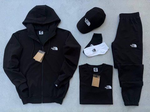 Мужской спортивный костюм The North Face 3в1 черный Комплект ТНФ Зип-худи Штаны Футболка Кепка Хар-449 фото