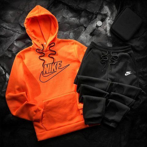Мужской зимний спортивный костюм Nike оранжево-черный Комплект Найк Худи Штаны Hot-16 фото