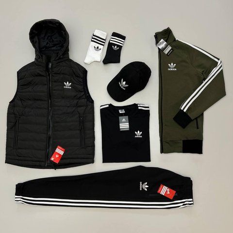 Мужской костюм Adidas 5в1 хаки с черным Набор Адидас Жилетка Футболка Кепка Хар-98 фото