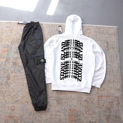 Мужской спортивный костюм Stone Island черно-белый плащевка Комплект Худи Штаны Стон Айленд с капюшоном Ads-398 фото