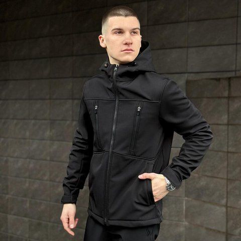 Мужская куртка из Soft Shell с капюшоном черная Ветровка утепленная на флисе Pob-Setup фото
