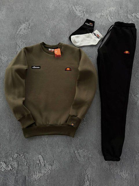Мужской зимний спортивный костюм Ellesse без капюшона хаки с черным Комплект Элис Свитшот Штаны Хар-309 фото