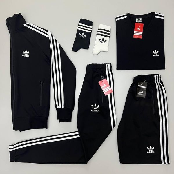 Мужской набор Adidas 5в1 Олимпийка + Штаны + Шорты + Футболка + Носки черный с красным Хар-47 (коп1) фото
