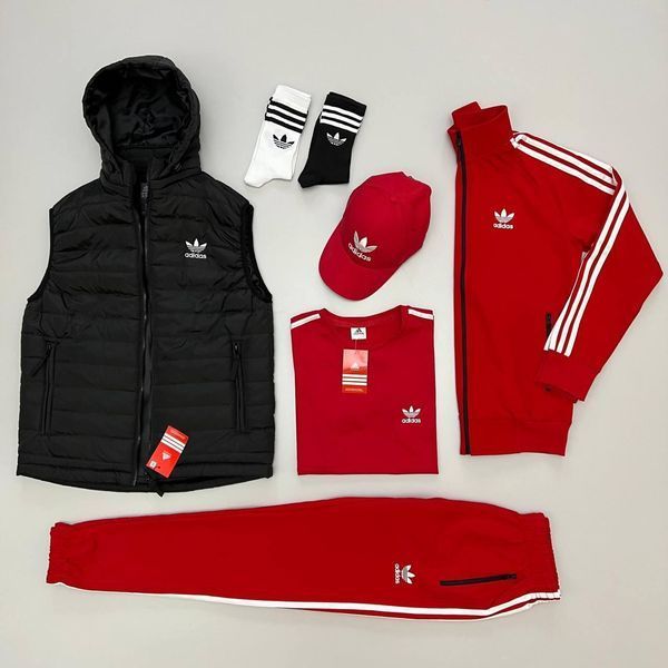 Чоловічий костюм Adidas 5в1 хакі з чорним Комплект Адідас Жилетка Футболка Кепка Хар-98 фото