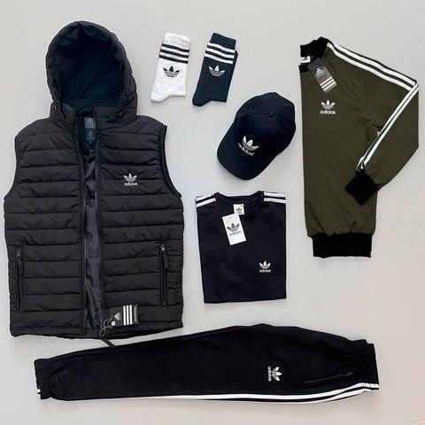 Мужской костюм Adidas 5в1 хаки с черным Комплект Адидас Жилетка Футболка Кепка Хар-101 фото