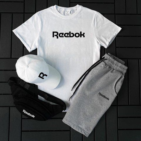 Мужской летний костюм Reebok Футболка Шорты Кепка Барсетка белый Комплект Рибок Ow-194 фото