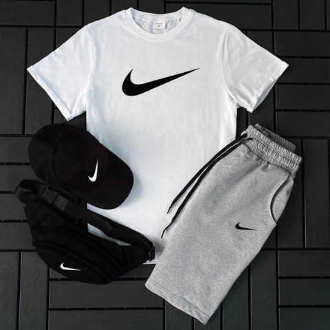 Мужской летний костюм Nike Футболка Шорты Кепка Барсетка белый с серый комплект Найк Hot-145 фото