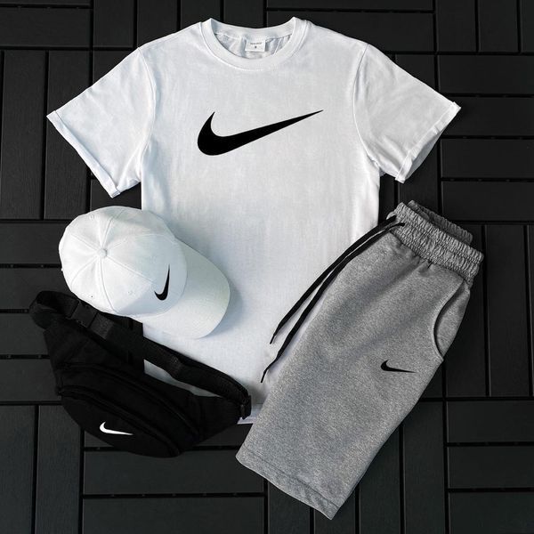 Мужской летний костюм Nike Футболка Шорты Кепка Барсетка белый с серый комплект Найк Hot-145 фото