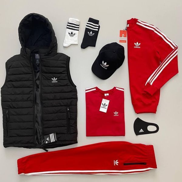 Мужской костюм Adidas 5в1 хаки с черным Комплект Адидас Жилетка Футболка Кепка Хар-101 фото