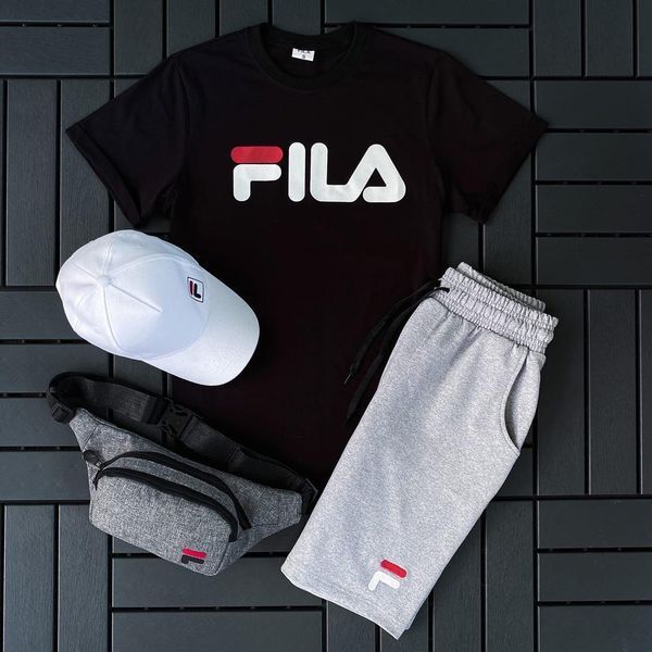 Чоловічий літній костюм Fila Футболка Шорти Кепка Барсетка чорний комплект Філа Ow-159 фото