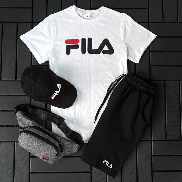 Мужской летний костюм Fila Футболка Шорты Кепка Барсетка белый с серым комплект Фила Ow-162 фото