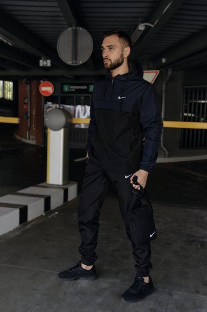Мужской спортивный костюм Nike из плащевки черный с синим Комплект Найк Анорак Штаны Intr-1602932188 фото