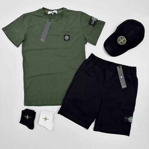 Чоловічий літній костюм Футболка Шорти Кепка Stone Island хакі з патчем Стон Айленд Хар-878 (коп2) фото