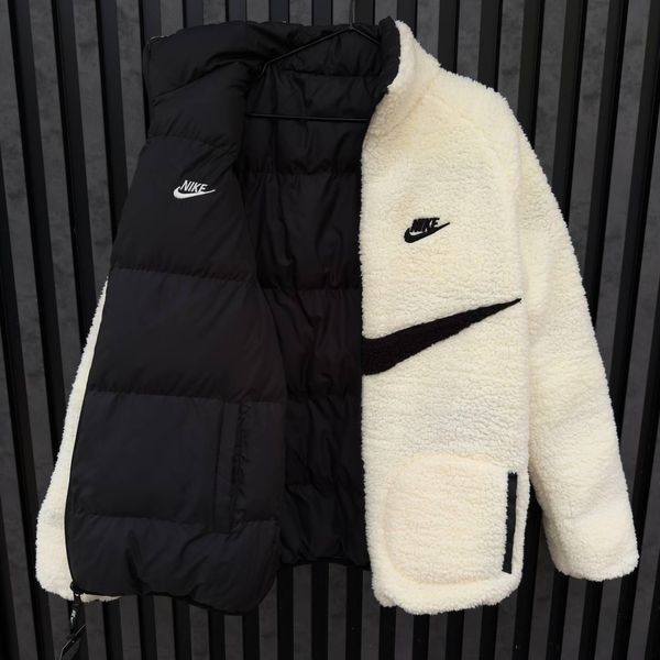 Мужская зимняя двухсторонняя куртка Nike Big Swoosh на меху черная Пуховик Найк без капюшона Хар-485 1 фото