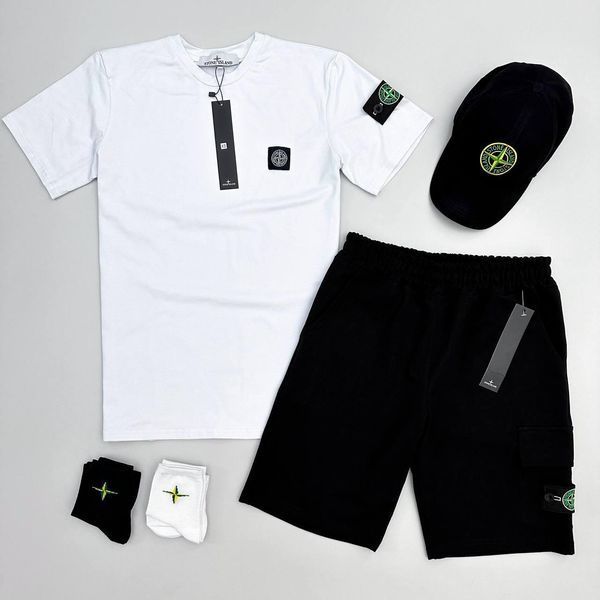 Чоловічий літній костюм Футболка Шорти Кепка Stone Island хакі з патчем Стон Айленд Хар-878 (коп2) фото